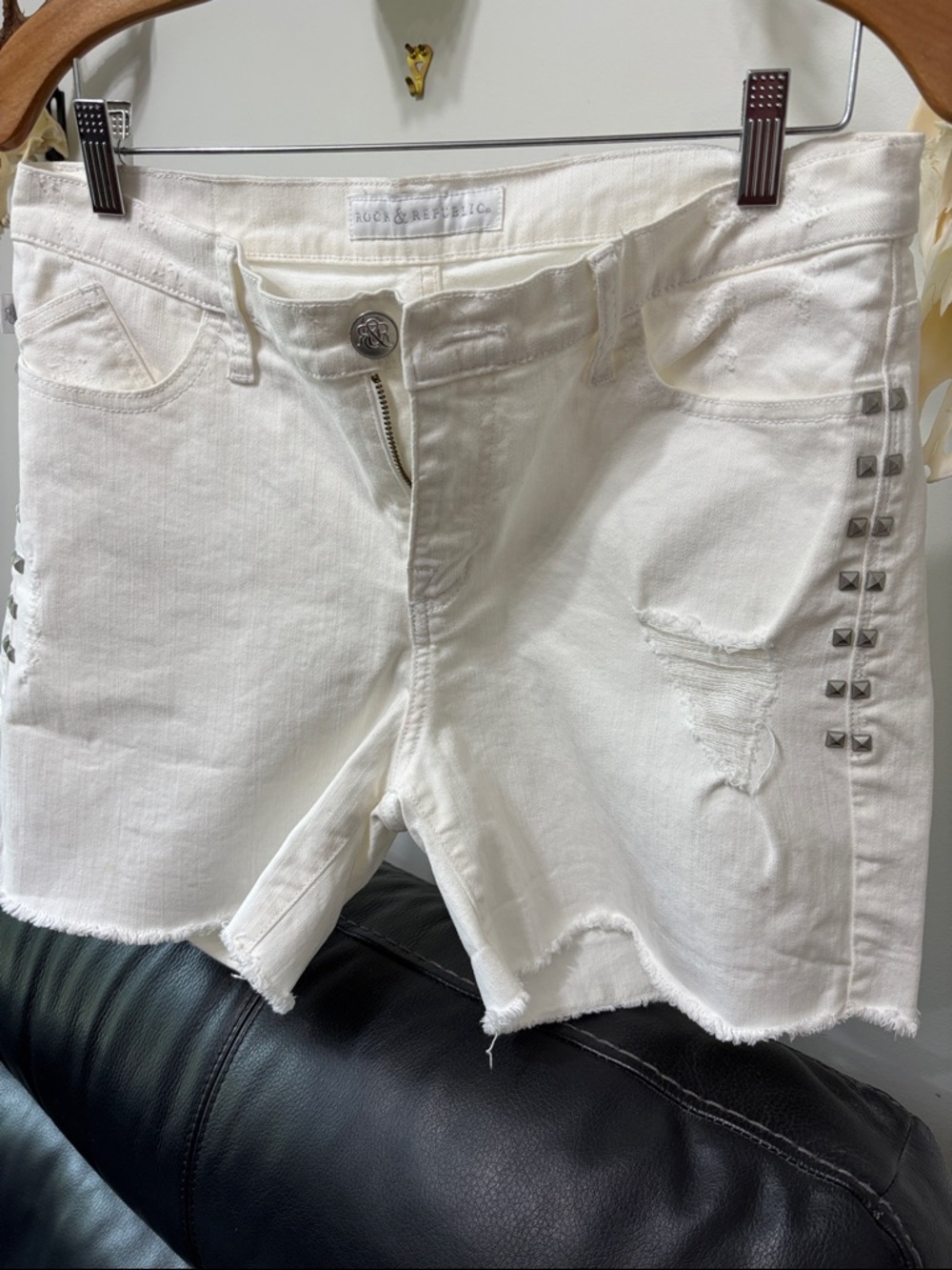 Rock & Republic White Distressed Denim Shorts with Stud Trim
